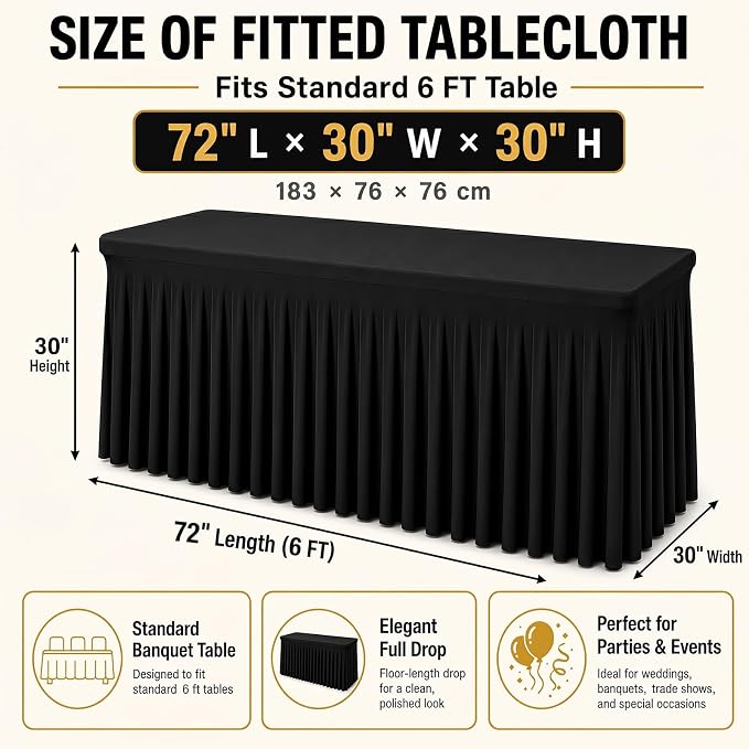 Fixwal 6 Ft Tablecloth Rectangle Black Spandex Table Cover - Image 2