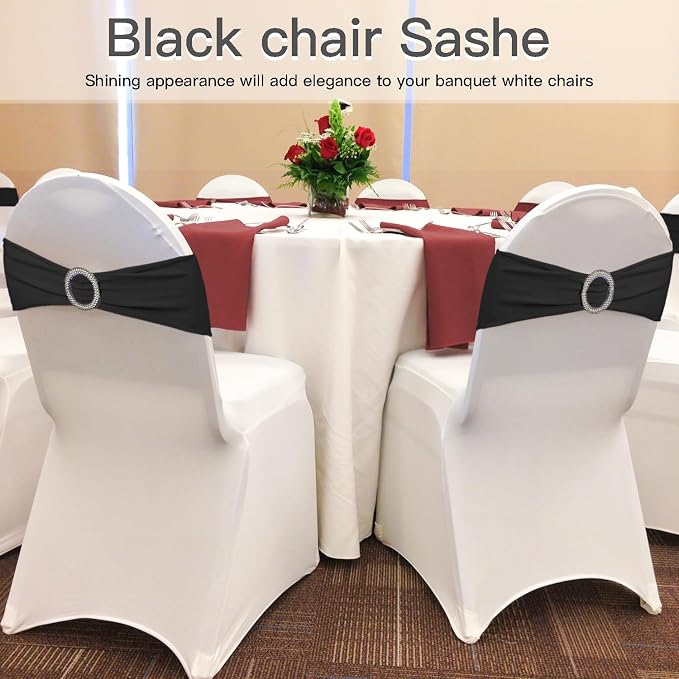 WJWHQ 100PCS Spandex Stretch Chair Sashes Bows Elastic Chair Cover Bands Ties with Buckle Slider for Wedding Party Reception Events Universal Ceremony Banquet Decorations(Black) - Image 6