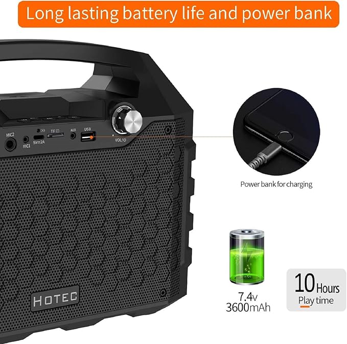 Hotec Wireless Portable PA Speaker System, Powerful Bluetooth Karaoke Machine with Dual Wireless Microphone for Wedding, Party, Teaching, Karaoke, Other Outdoor and Indoor Activities