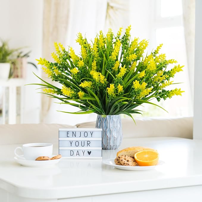 obbsie 12 Bundles Artificial Plants Outdoor, 18.2" UV Resistant Faux Monkey Grass Greenery Stems No Fade Faux Plastic Flowers Shrubs for Home Weddings Garden Porch Front Patio Office Decor - Yellow - Image 7