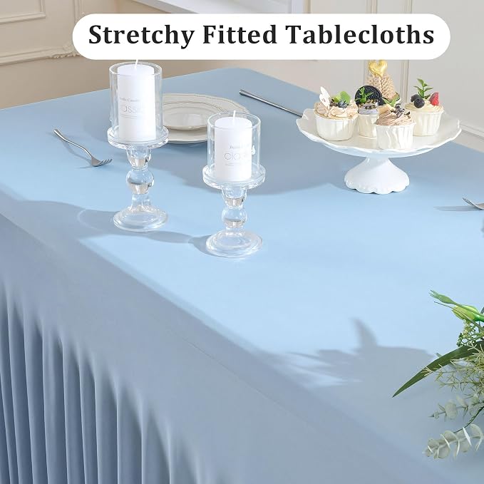 6 Pack Dusty Blue Spandex Table Clothes for 8 Foot Rectangle Tables, Wrinkle Free Fitted Table Cover 8ft Stretch Tablecloths Desk Skirt for Parties Weddings Birthday Banquet Baby Shower - Image 2