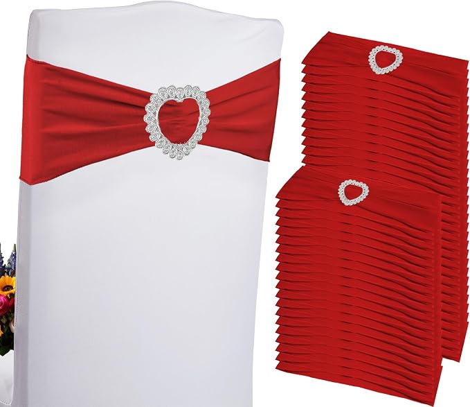 100PCS Spandex Stretch Red Chair Sashes Bows Universal Elastic Chair Cover Bands Ties with Buckle Slider for Wedding Party Birthday Reception Event Banquet Decoration(Red) by Zrlljp