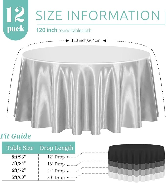12 Pack 120 Inch Round Satin Tablecloth, Silver - Image 2