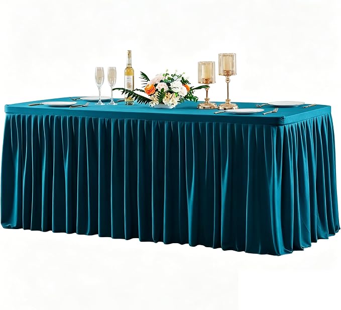 Wish Care Teal Polyester Table Clothes for 6 Foot Rectangle Tables, Wrinkle Free Fitted Table Cover with Pleated Ruffle Table Skirt for Birthday Party Wedding Trade Show Event Display by WishCare