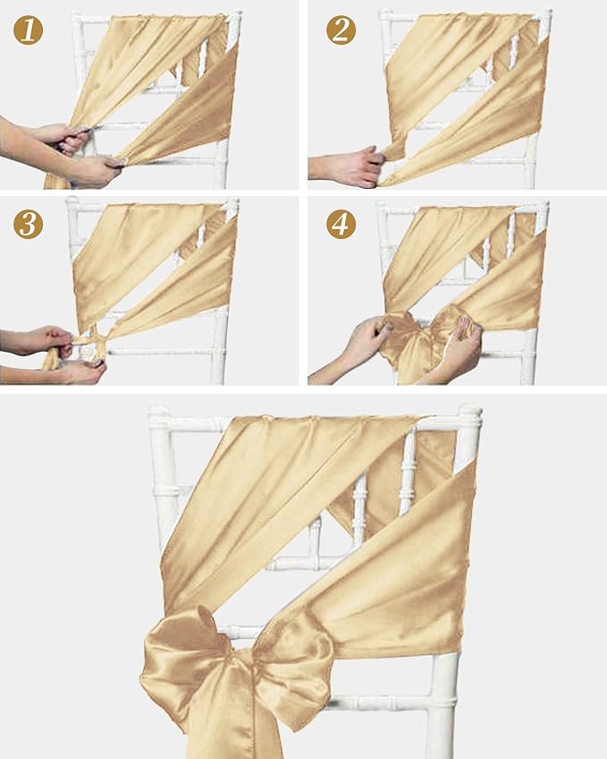 YMHPRIDE 60 PCS Champagne Satin Chair Sashes,Ties Bows Designed Chair Sashes for Wedding Party Baby Shower Banquet Restaurant Hotel Folding Chairs Decoration(Champagne,7x78 inch) - Image 6
