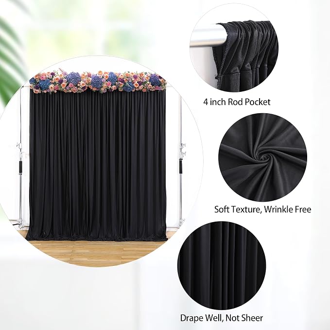Black Backdrop Curtains 8 x 10 ft for Photo Background Wrinkle Free Drapes | Soft Polyester Fabric,Natural Drape,Top Rod Pocket,Washable & Reusable,For Wedding Birthday Party Decor,4ft x 10ft 2 Panels - Image 4