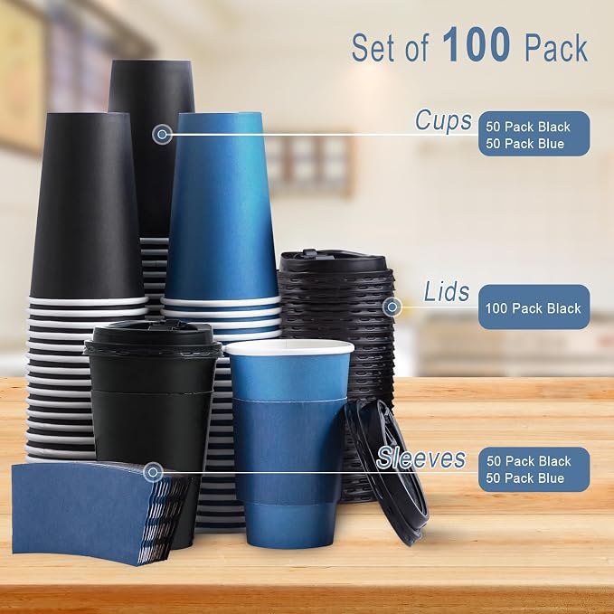SIUQ 100 Pack 16 oz Coffee Cups with Lids, Disposable Hot Paper Coffee Cups | Black & Blue To Go Paper Cups with Lids and Sleeves for Thanksgiving, Party, Home, Shop, Office, Christmas, Travel and Events - Image 7