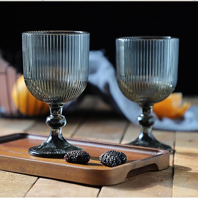 Water Goblets set of 6 Vintage Glassware 13 oz Colored Wine Glass Drinking Glass Vertical Line Embossed Pattern Stemmed Cups for Wedding Party Bar Grey