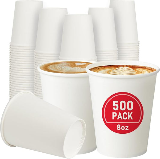 500 Pack 8 oz Paper Cups, Disposable Coffee Cups | White Hot/Cold Beverage Drinking Cups for Water, Coffee, or Juice, Perfect for Office, Party, Home by VPACKDUO