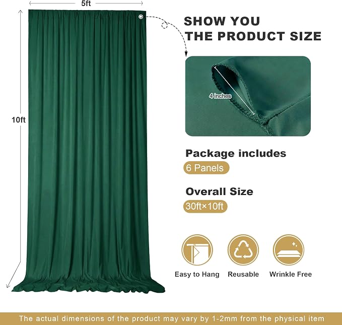 30x10ft Hunter Green Backdrop Curtains for Parties, 6 Panels 5x10ft Wrinkle-Free Polyester Background Curtains for Wedding, Birthday, Baby Shower,Graduation, Decorations - Image 4