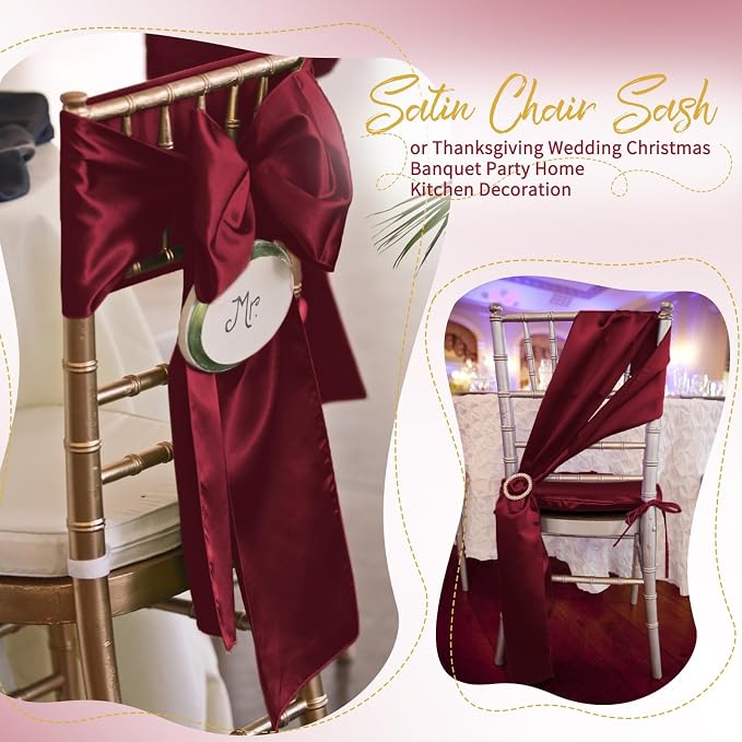 120 PCS Burgundy Satin Chair Sashes, 7 x 108 Inch | Ties Bows Designed Chairs Decorative, Chair Cover Sashes for Wedding Christmas Banquet Party Home Kitchen Decoration - Image 5