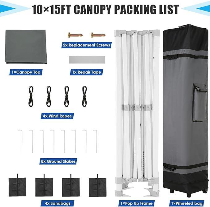 Cobizi Heavy Duty 10x15 Pop Up Canopy Tent Without sidewall, Easy Up Canopy Outdoor for Backyard Party Wedding, Instant Commercial Tent with Roller Bag, Waterproof UV 50+ (Upgraded Legs), Gray