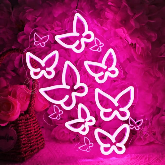 SYLHOME Pink Butterfly Led Neon Light Sign Bedroom Girls Room Kids Room Wall Sign Decor Cute Beauty Salon Birthday Christmas Party Decoration 15.75" X 10.1" USB