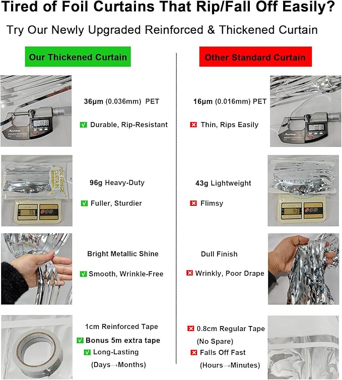 4 Pack Thickened Silver Metallic Foil Fringe Curtains Streamer Rip Resistant Shimmer Tinsel Photo Booth Backdrop for Birthday Wedding Christmas Bachelorette Party Decorations 3.28ft x 6.56ft