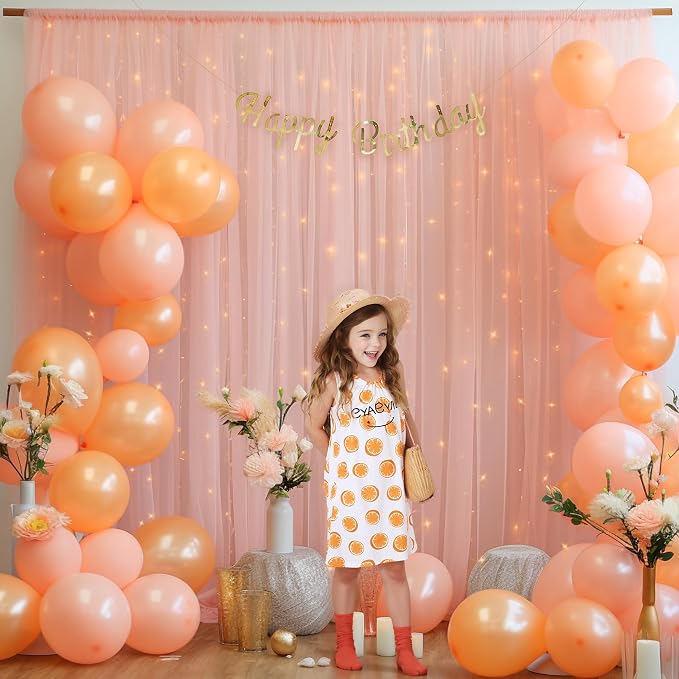 10ft x 8ft Peach Backdrop Curtain with Lights String for Parties, Sheer Tulle Wedding Photo Backdrops Drapes for Baby Shower Birthday Party Decorations Background for Photography - Image 7