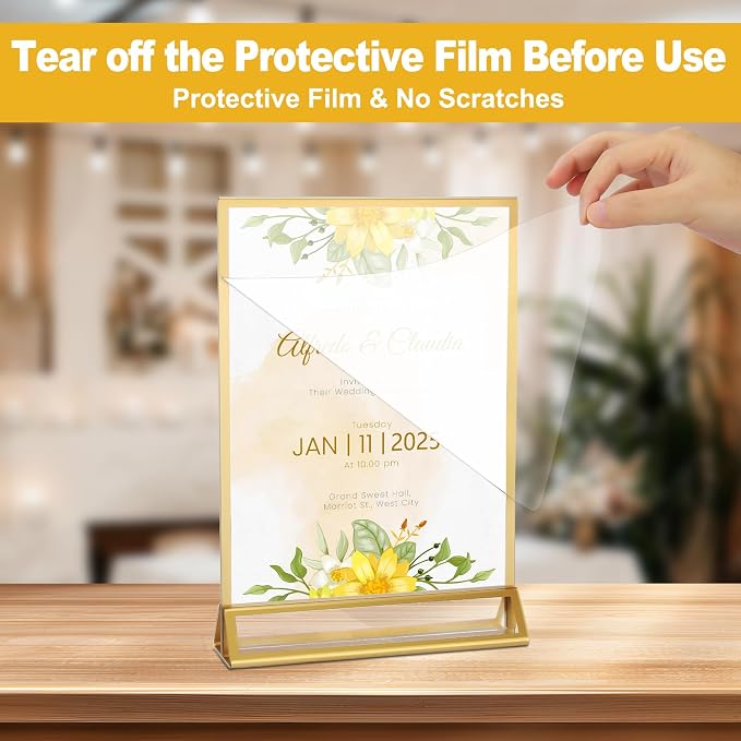 EHWINE 12 Pack Acrylic Sign Holder 8.5 x 11, Double Sided Gold Picture Frame Stand up Table Top Sign Holders, Clear Display Stand Menu Flyer Holder for Wedding Party (Provide Non-slip Mats) - Image 2