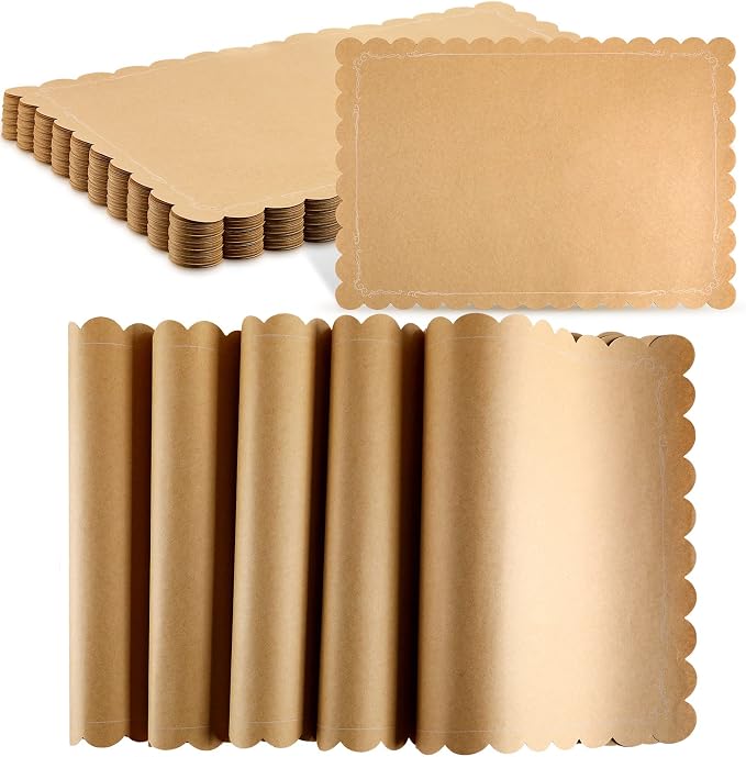 200 Pcs Disposable Brown Kraft Paper Place Mats Paper Placemat Disposable Rectangle Rustic Craft Printed Scalloped Place Mat Kraft Brown Placemat for Wedding Anniversary Party Kitchen (13 x 19 Inch) by Zubebe