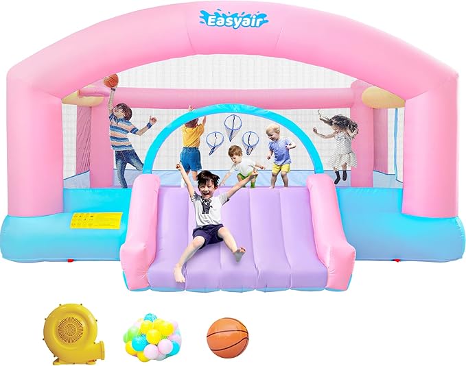 Large Bounce House for Big Kids, 14.8 x 14.5 FT Inflatable Bouncer Jumper Slide with 650W Blower, Basketball Hoop, Throw Ball Game, Ball Pits