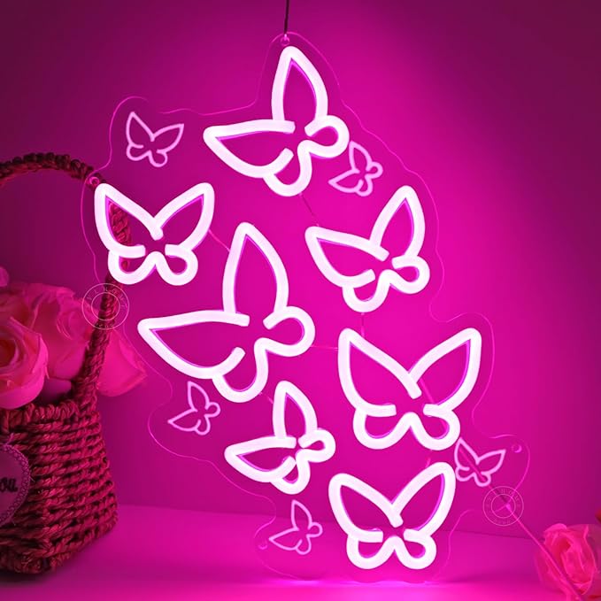 SYLHOME Pink Butterfly Led Neon Light Sign Bedroom Girls Room Kids Room Wall Sign Decor Cute Beauty Salon Birthday Christmas Party Decoration 15.75" X 10.1" USB