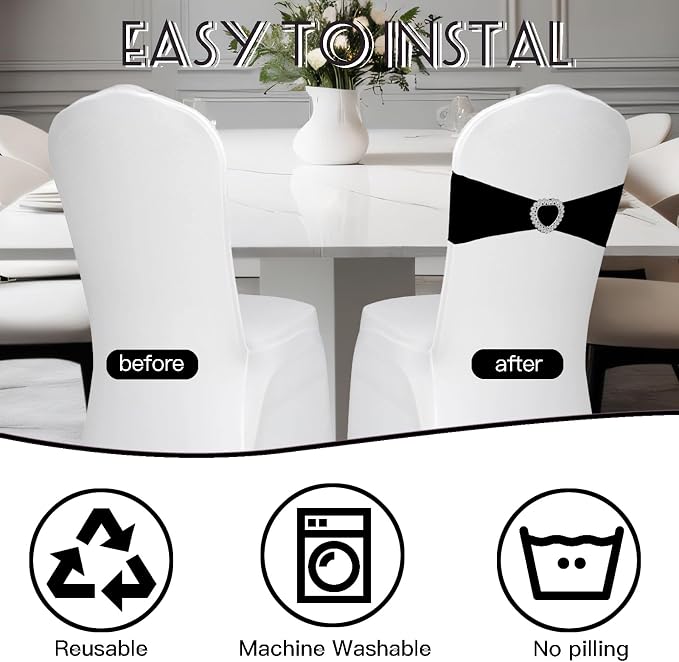 100PCS Spandex Stretch Black Chair Sashes Bows Universal Elastic Chair Cover Bands Ties with Buckle Slider for Wedding Party Birthday Reception Event Banquet Decoration(Black) - Image 4