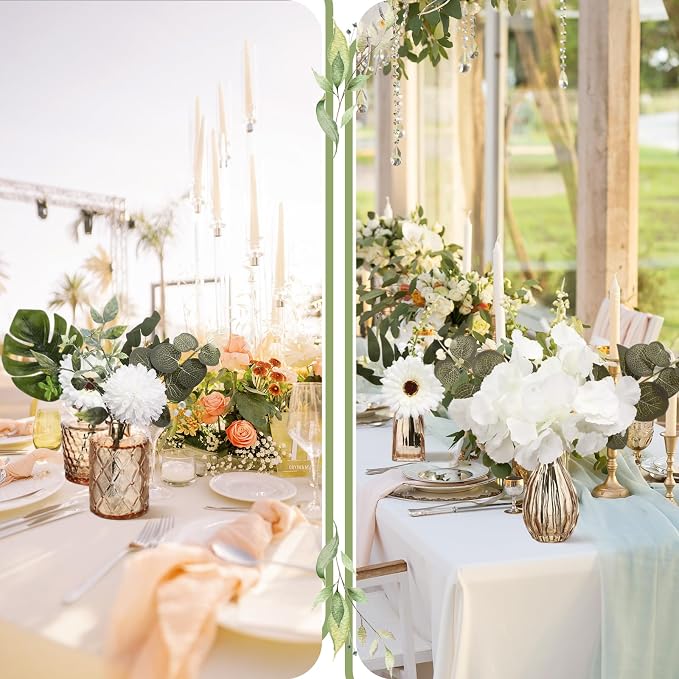 FoldTier 108 Pcs Artificial Flowers in Vase 96 Pcs Faux Greenery Stem Table Centerpiece Fake Plants Silk Roses Arrangement 12 Pcs Glass Vase Sets for Wedding Bathroom Home Dining Decor(Champagne) - Image 6