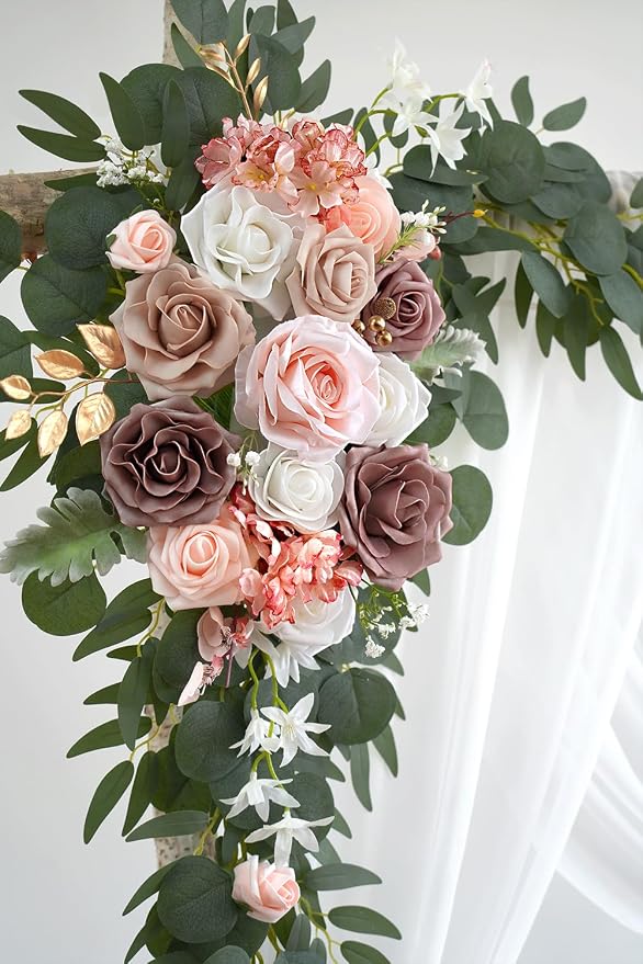 Olalaka Dusty Rose Artificial Wedding Arch Flowers Kit (Pack of 3) with 26Ft White Shiny Arch Draping Fabric for DIY Wedding Party Ceremony Reception Backdrop Floral Decoration - Image 4