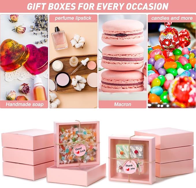 Roowest 50 Sets Kraft Homemade Gift Box Bundle with Blank Tags and Jute String (101 Items) for Jewelry Candy Wrapping Party Favor(6.5 x 6.5 x 2 Inch,Pink) - Image 4
