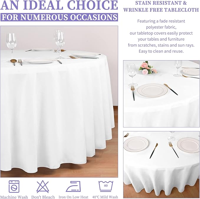 Showgeous 10 Pack White Round Tablecloth 90 Inch | Washable polyester, stain & wrinkle resistant. Easy care. Perfect for dining, wedding, party, banquet. Fits round tables - Image 6