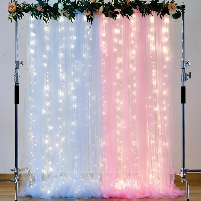 Pink and Blue Backdrop Curtains with Lights String for Baby Shower Sheer Tulle Backdrop Curtain for Gender Reveal Birthday Party Bridal Shower Photo Shoot Background Decorations 2 Panels 5×10ft - Image 4