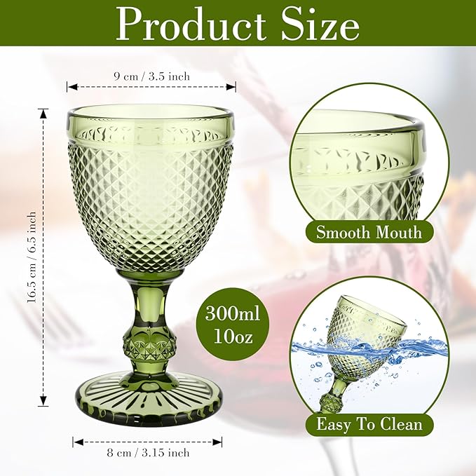 Bokon 12 Pack Green Glass Goblets Set 10 oz High Clear Wine Glass Vintage Water Goblets Cups Embossed Diamond Design Glassware with Stem for Drinking Juice Liquor Party Wedding Bar
