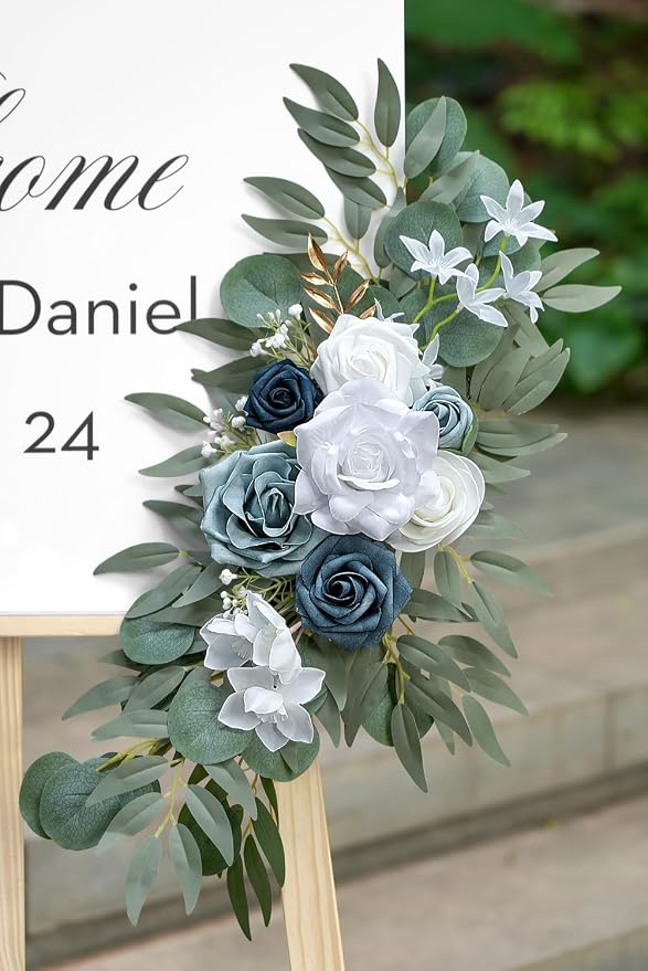 Olalaka Dusty Blue Flower for Wedding Welcome Signs Decorations, Artificial Wedding Arch Flowers for Wedding Ceremony (Set of 2) - Image 5