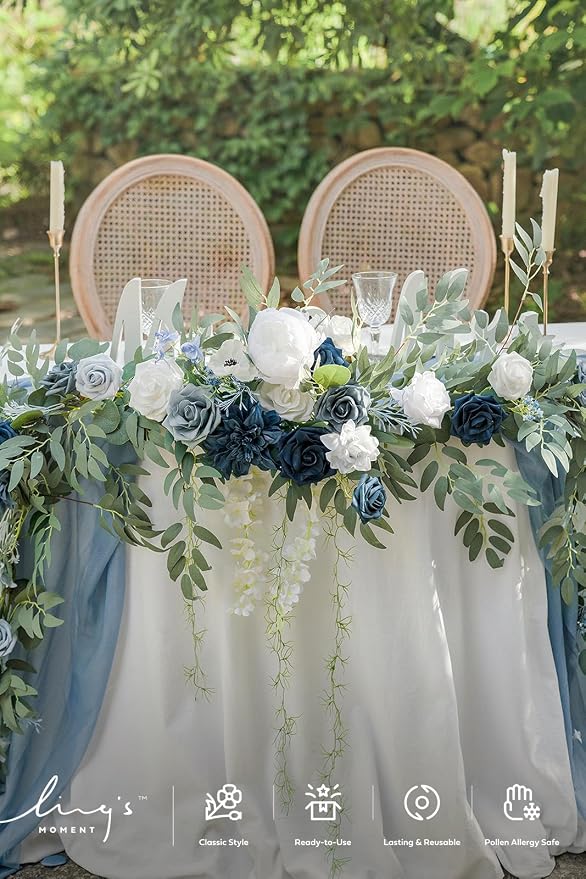 Ling's moment Dusty Blue Artificial Flower Garland Wedding Arch 9 FT | White Rose & Eucalyptus , Greenery, Sweetheart Table Decor, Floral Garland for Mantle, Centerpieces, Backdrop - Image 5