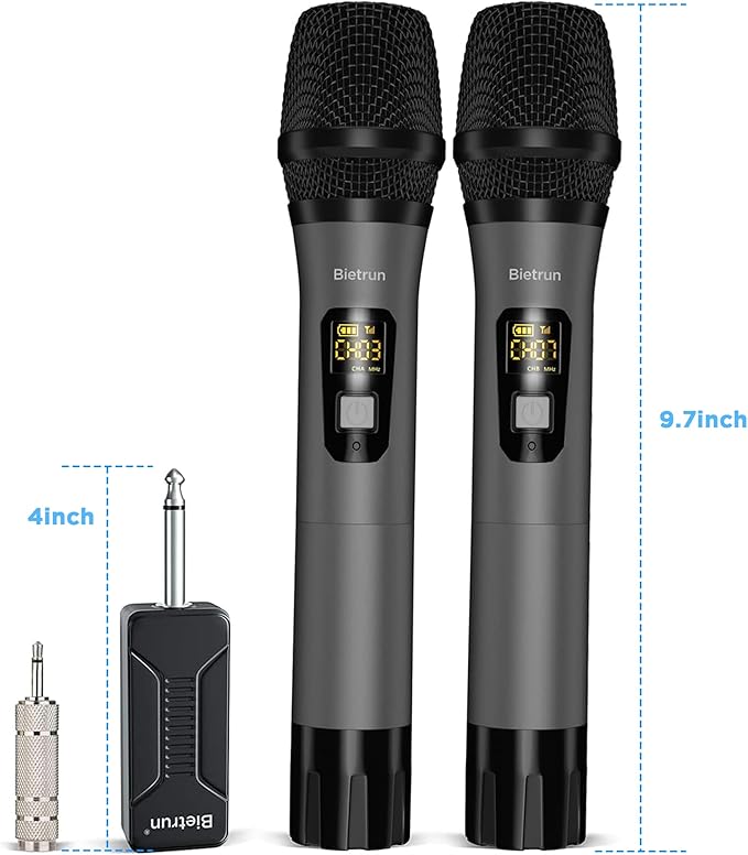 Wireless Microphone, Bietrun UHF Metal Dual Handheld Cordless Dynamic Mic System with Rechargeable Receiver, 1/4‘’Output, for Karaoke, Church, Speech, Wedding, Party Singing(160 ft Range)-Auto Connect