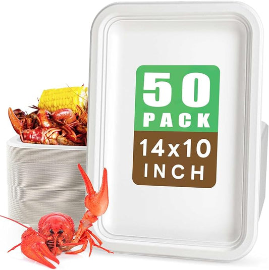 Gezond 50 Pack 14 Inch Disposable Food Trays Crawfish Trays Heavy-Duty | Large Paper Plates Compostable Plate Sugarcane Eco-friendly for Crawfish Seafood Party BBQ Thanksgiving White by Gezond%C2%AE