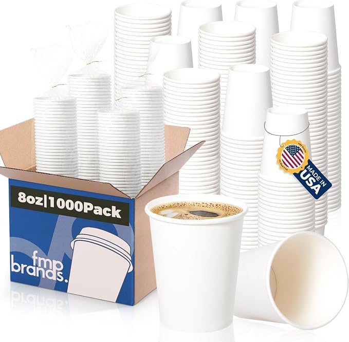 Fit Meal Prep 1000 Pack 8 oz Disposable Paper Coffee Cups, Premium White Hot Cups for Hot/Cold Beverage, Durable Thickened Paper Cup Bulk for Party, Office, Bussines, Home, Bistros, Events by FMPBRANDS