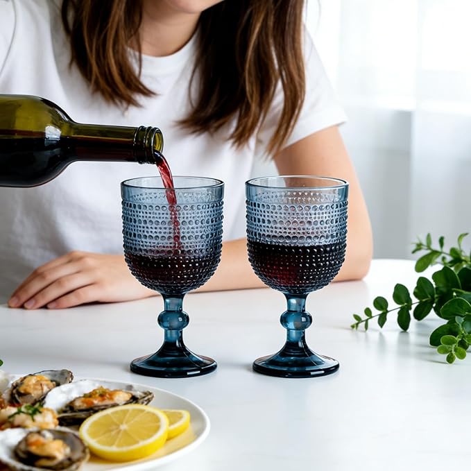 Blue Wine Glasses Set of 4, 12oz Vintage Goblet Glasses, Embossed Glass Cups Hobnail Glassware for Weddings, Dinners, and Holiday Gifting