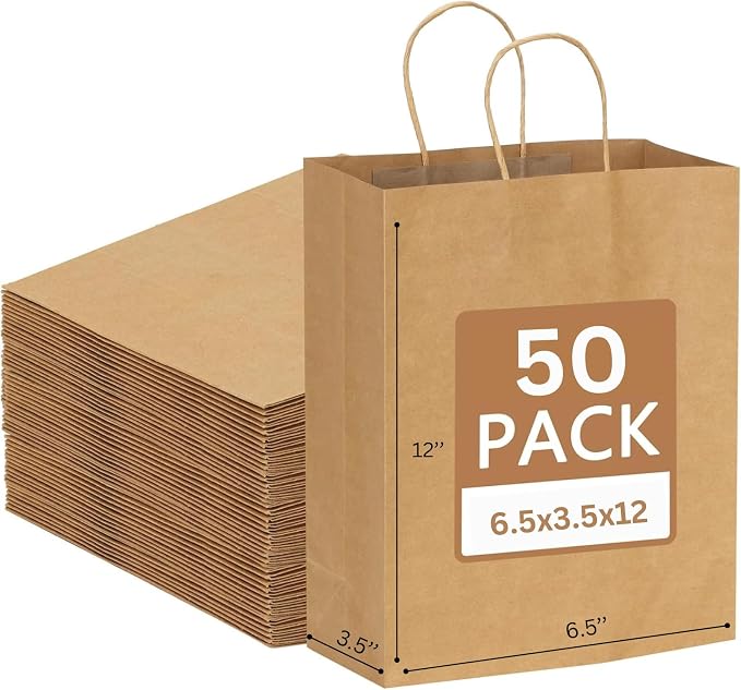 Jet Paper Bags - 50 Pack 6.5x3.5x12 Inch Medium Plain Brown Kraft Paper Bags with Handles Bulk, Gift Wrap Bags for Favors Grocery Retail Party Birthday Shopping Business Goody Craft Merchandise Take Out Sacks by JETPAPERBAGS