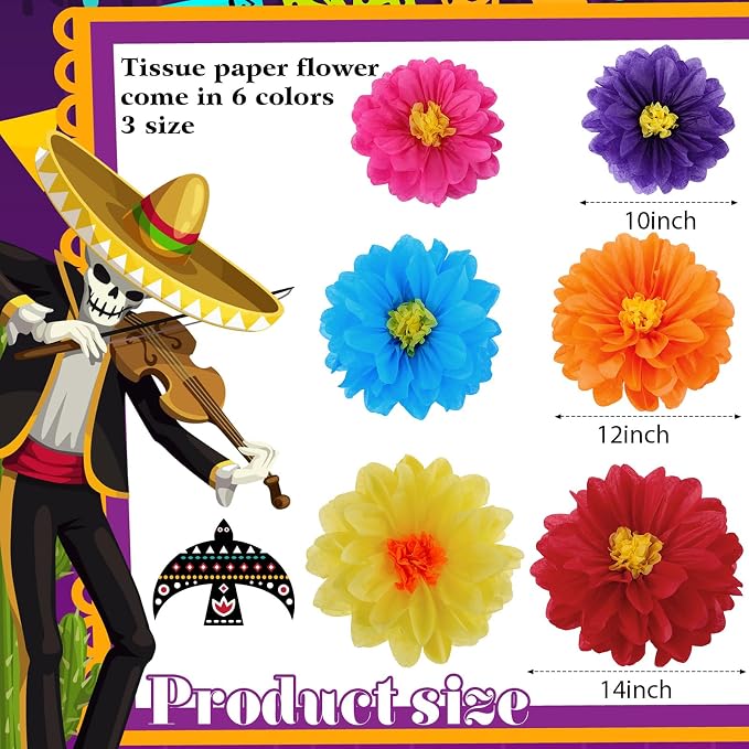 Geyee 36 Pcs Mexican Paper Flower Colorful Tissue Paper Flower, 10" 12" 14" | Fiesta Tissue Crepe Paper Flowers Pom Poms Mexican Carnival for Floral Party Backdrop Wedding Birthday Party Craft - Image 2