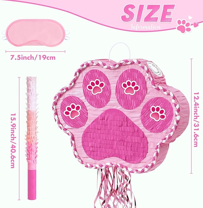 WERNNSAI Pink Dog Paw Pinata - Dog Pinata Pet Theme Party Games Pink Girl Style Puppy Paw Party Decorations Animal Party Supply for Kids Birthday with Blindfold