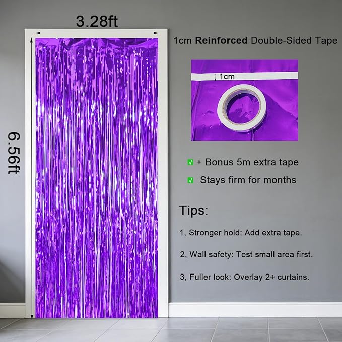 2 Pack Thickened Dark Purple Metallic Foil Fringe Curtains Streamer Rip Resistant Shimmer Tinsel Photo Booth Backdrop for Birthday Wedding Christmas Bachelorette Party Decorations 3.28ft x 6.56ft