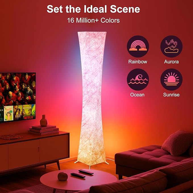WORLD WIN Floor Lamp, 61'' Smart RGB LED Corner Lamp with Music Sync and 16 Million DIY Colors, 3 Color Temperature, APP & Remote Control, Color Changing Standing Floor Lamp for Bedroom Living Room