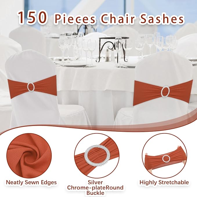 CHENGU 150 Pieces Spandex Stretch Chair Sashes Bows Elastic Chair Cover Bands Ties with Buckle Slider for Wedding Party Reception Events Universal Ceremony Banquet Decorations (Terracotta) - Image 3