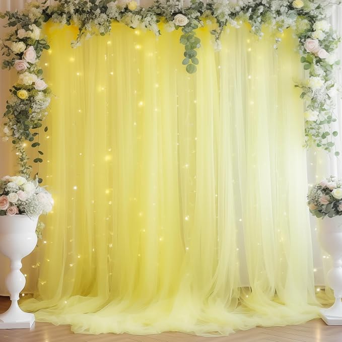 10ft x 10ft Yellow Backdrop Curtain with Lights String for Parties, Sheer Tulle Wedding Photo Backdrops Drapes for Baby Shower Birthday Party Decorations Background for Photography by Shillance