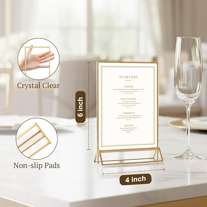 EHWINE 12 Pack Gold Acrylic Sign Holder 4x6 Double Sided Tabletop Stand | Clear Double-Sided Gold Acrylic Tabletop Display with Non-Slip Mats for Menus, Flyers, Weddings, Parties and Events - Image 4