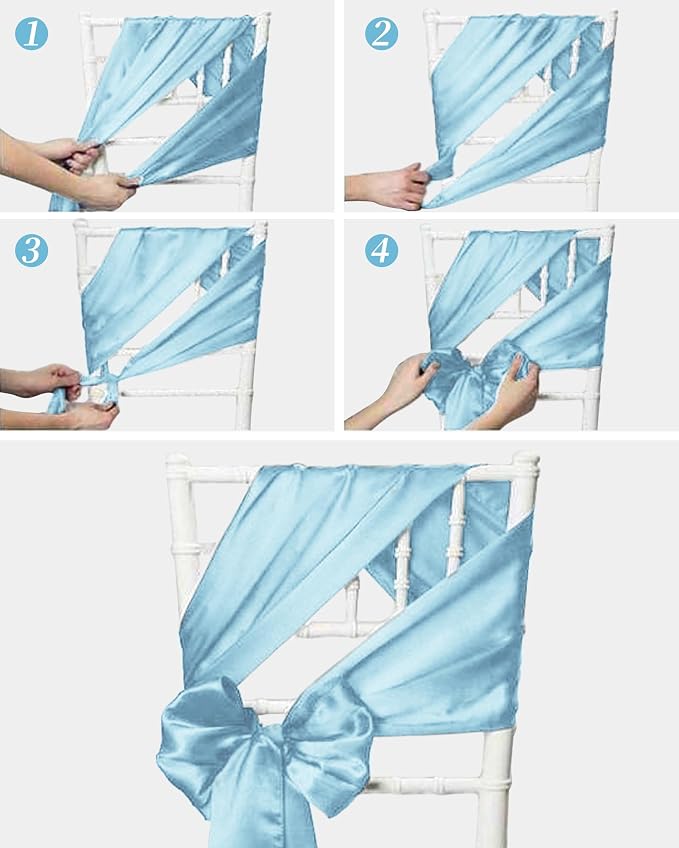 YMHPRIDE 60 PCS Baby Blue Satin Chair Sashes,Ties Bows Designed Chair Sashes for Wedding Party Baby Shower Banquet Restaurant Hotel Folding Chairs Decoration(Light Blue,7x78 inch) - Image 6
