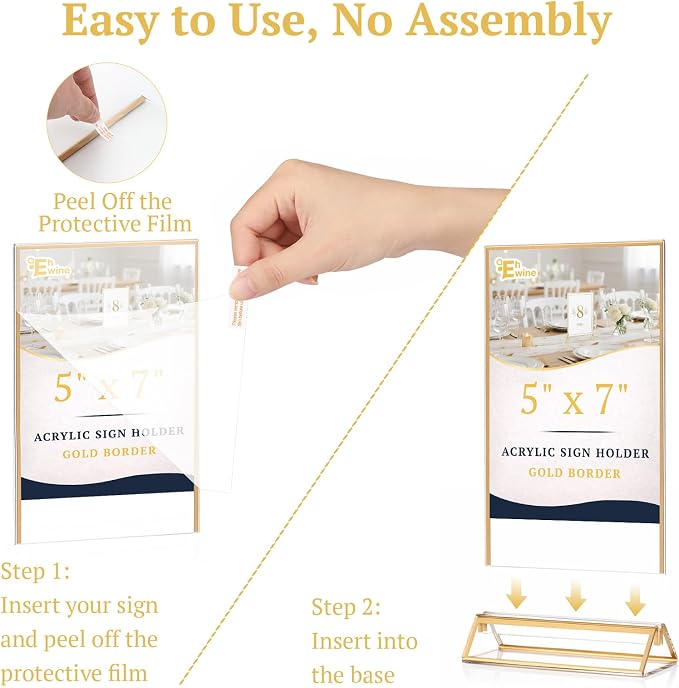EHWINE 12 Pack 5x7 Gold Acrylic Sign Holders, Double-Sided Tabletop Stand | Clear Double-Sided Acrylic Display with Gold Border and Non-Slip Mats for Menus, Flyers, Photos, Weddings and Events - Image 7