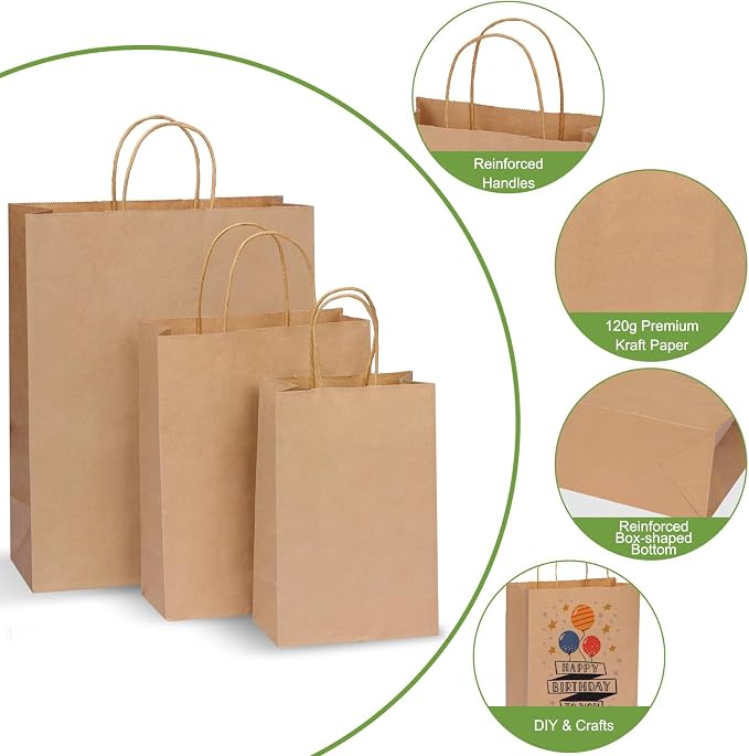 OUTUXED 180pcs Paper Bags with Handles Brown Kraft Paper Gift Bags | Assorted Sizes (8/10/12.6 Inches) Brown Paper Gift Bags with Handles Bulk for Merchandise, Retail, Shopping, Party Favors - Image 3