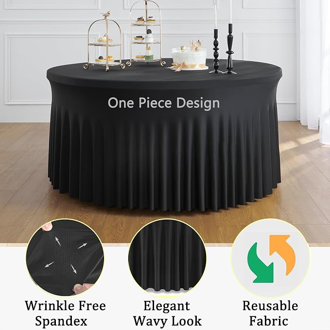 6 Pack Black Round Spandex Tablecloth for 72 inch Table, Wrinkle Free Stretchy 132inch Fitted 6FT Round Table Cloths Cover with Skirt for Wedding Birthday Party Graduation Banquet Events - Image 4