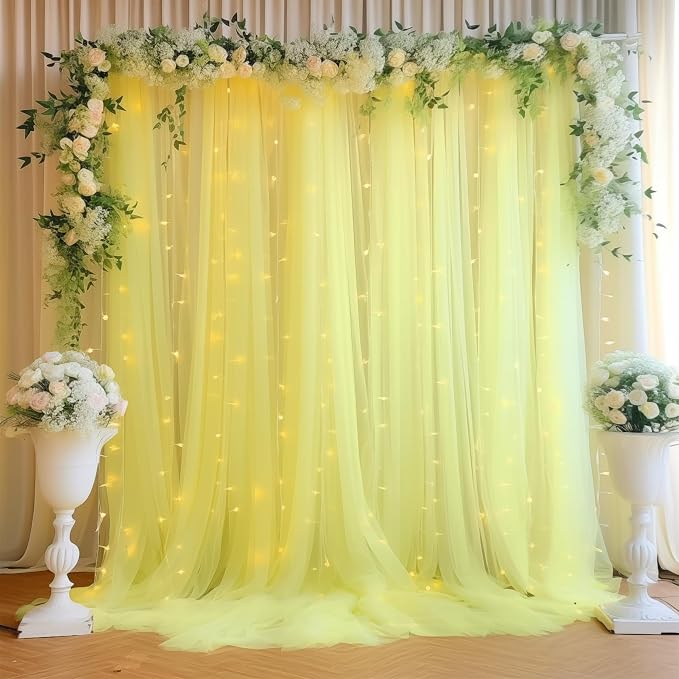 20ft x 10ft Yellow Backdrop Curtain with Lights String for Parties, Sheer Tulle Wedding Photo Backdrops Drapes for Baby Shower Birthday Party Decorations Background for Photography by Shillance