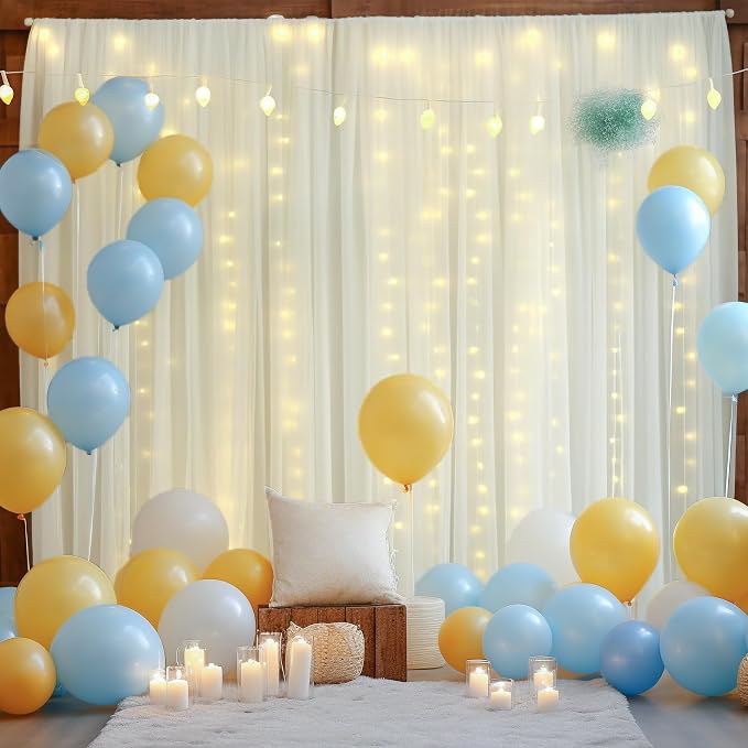 20ft x 10ft Ivory Backdrop Curtain with Lights String for Parties, Sheer Tulle Wedding Photo Backdrops Drapes for Baby Shower Birthday Party Decorations Background for Photography - Image 6
